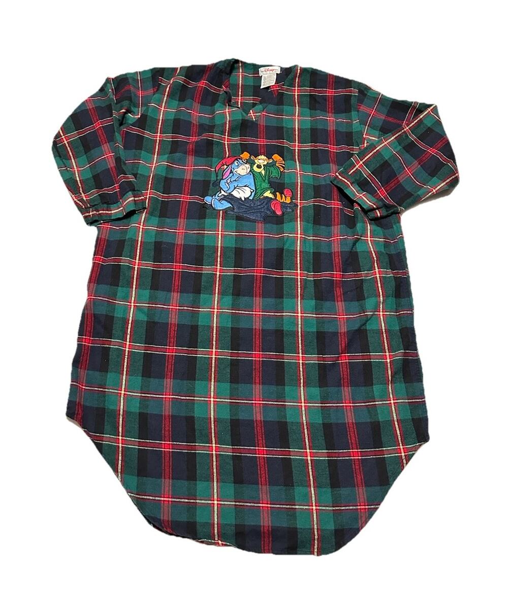 Vintage Disney Store Eeyore Tigger Plaid Flannel Nightgown Long Sleeve OSFM